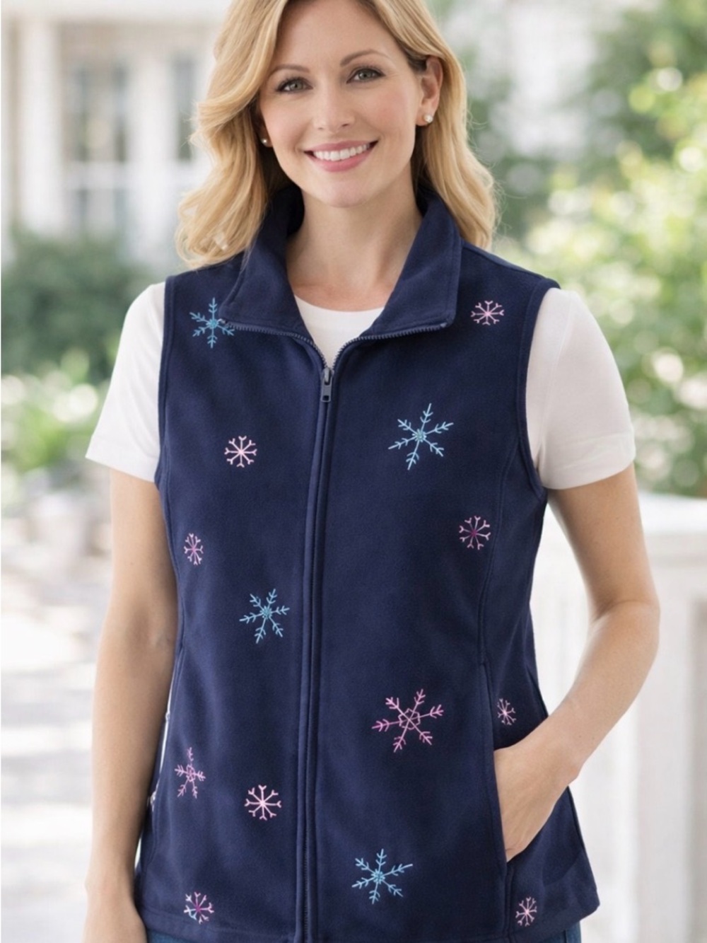 Quacker Factory Dark Blue Vest with Embroidered Snowflakes